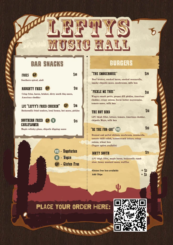Menu, Lefty's Music Hall