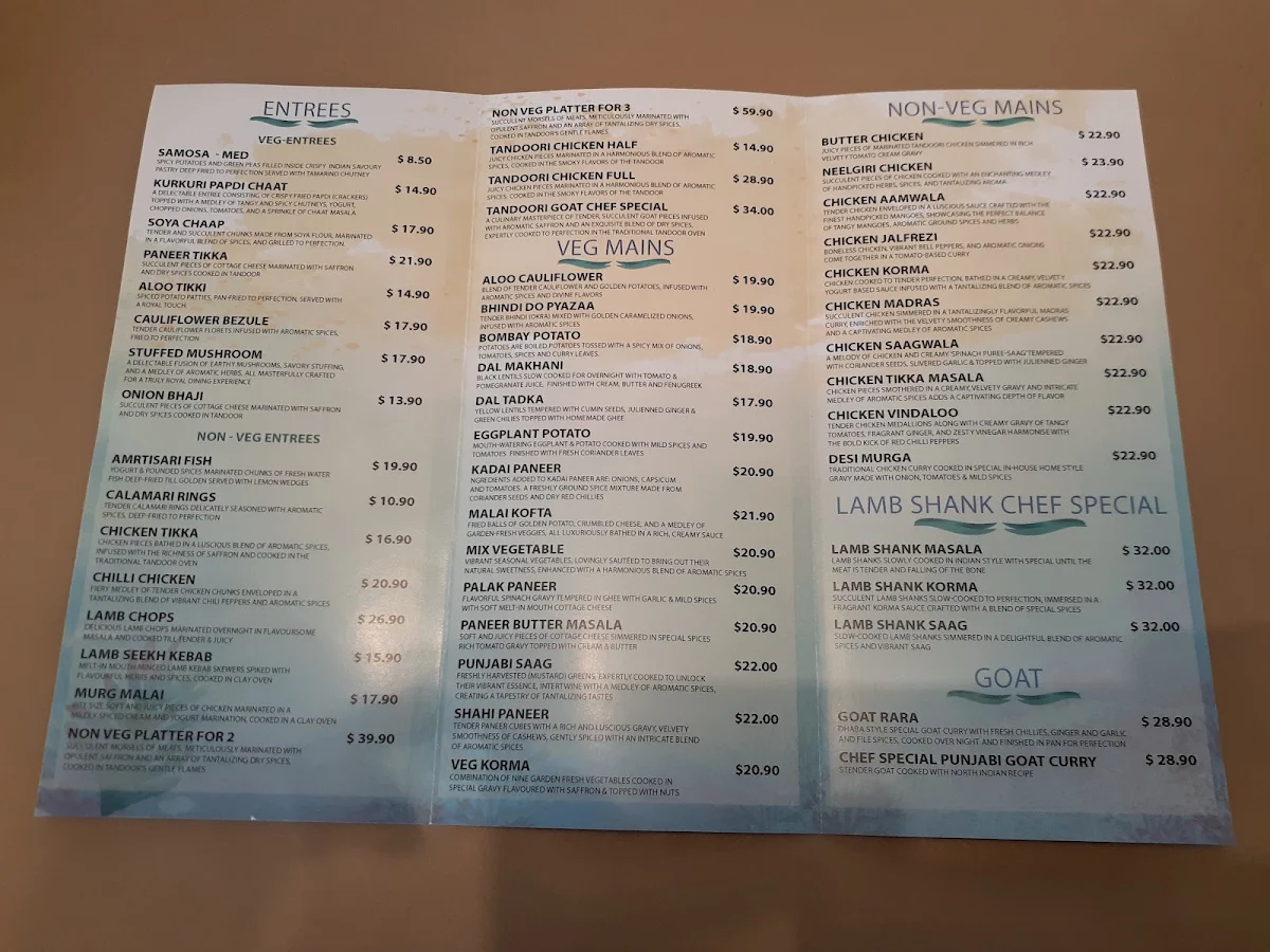 Menu, Seaside Shahi Indian Restaurant - Wollongong