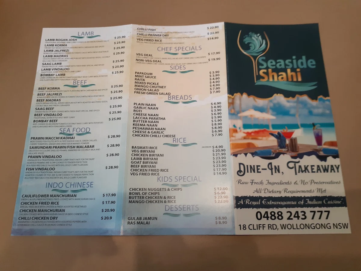 Menu, Seaside Shahi Indian Restaurant - Wollongong