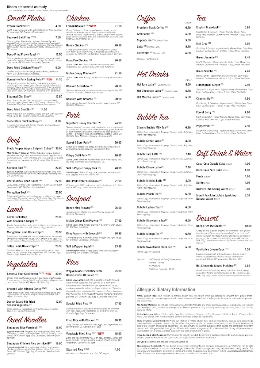 Menu, Chinese Cuisine (Noodle Asia) Restaurant and Takeaway