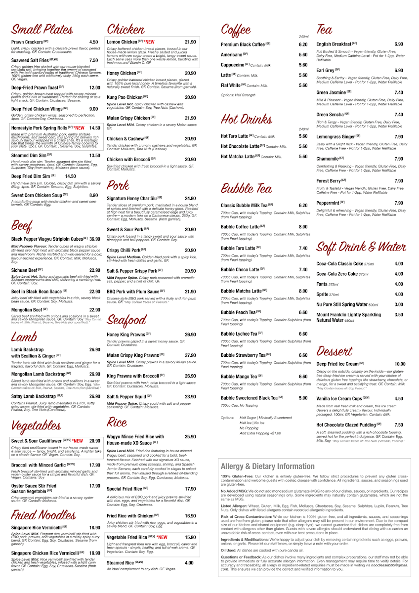 Menu, Chinese Cuisine (Noodle Asia) Restaurant and Takeaway