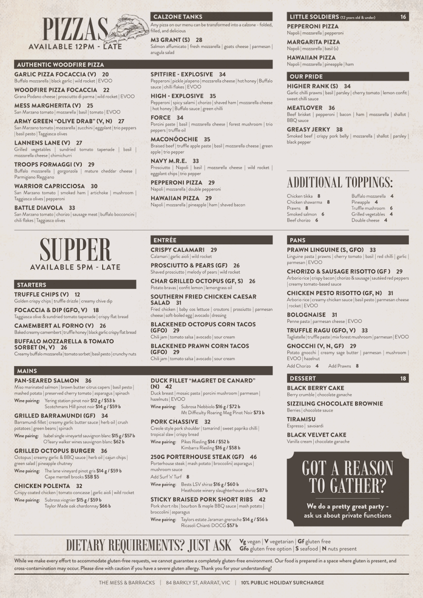 Menu, The Mess & Barracks