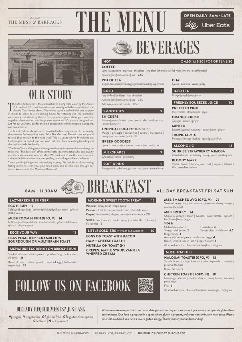 Menu, The Mess & Barracks