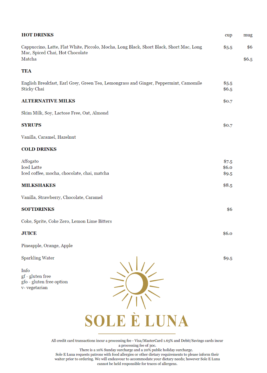 Menu, Sole E Luna Cafe & Restaurant Mildura