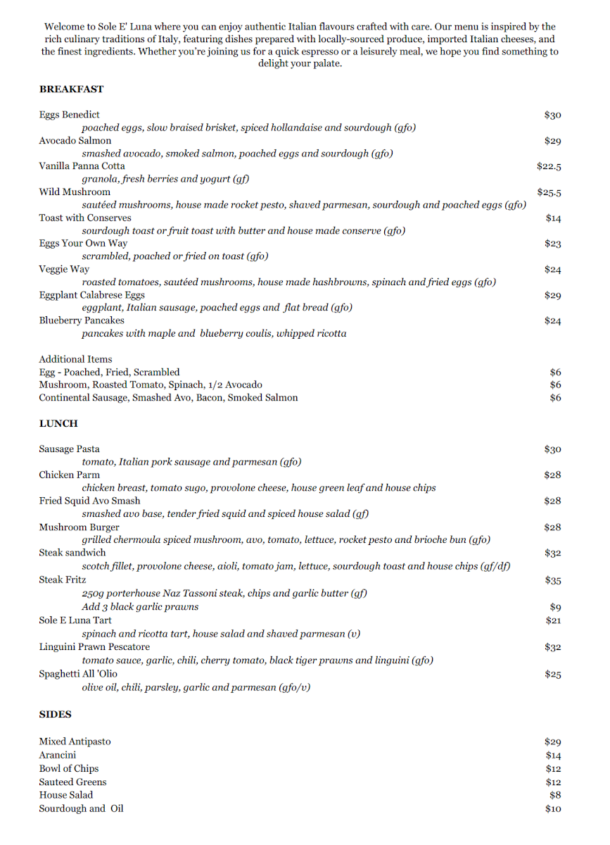 Menu, Sole E Luna Cafe & Restaurant Mildura