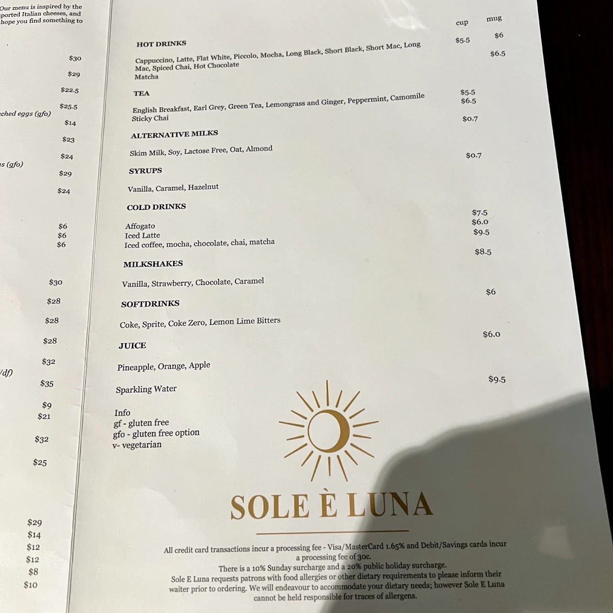 Menu, Sole E Luna Cafe & Restaurant Mildura