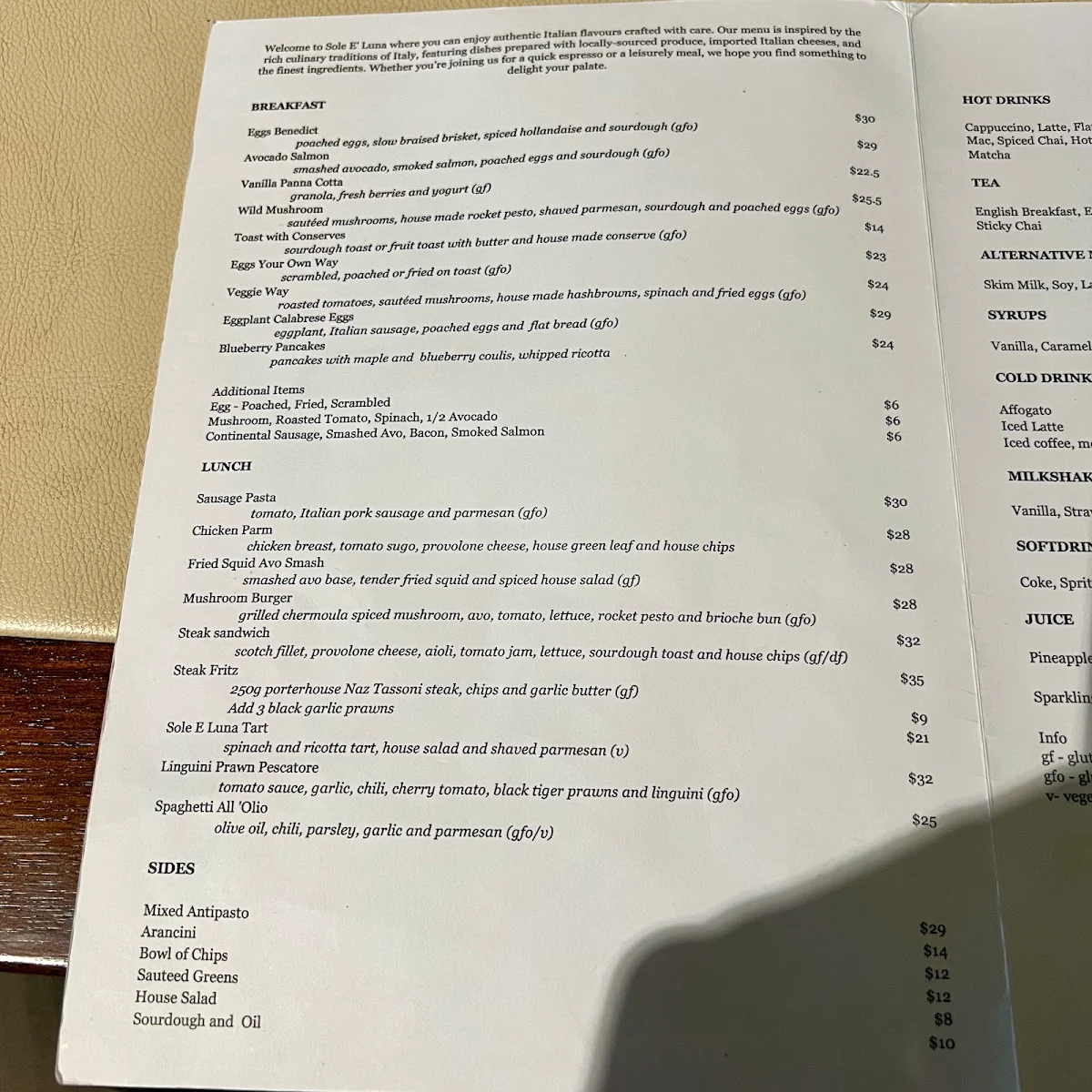 Menu, Sole E Luna Cafe & Restaurant Mildura