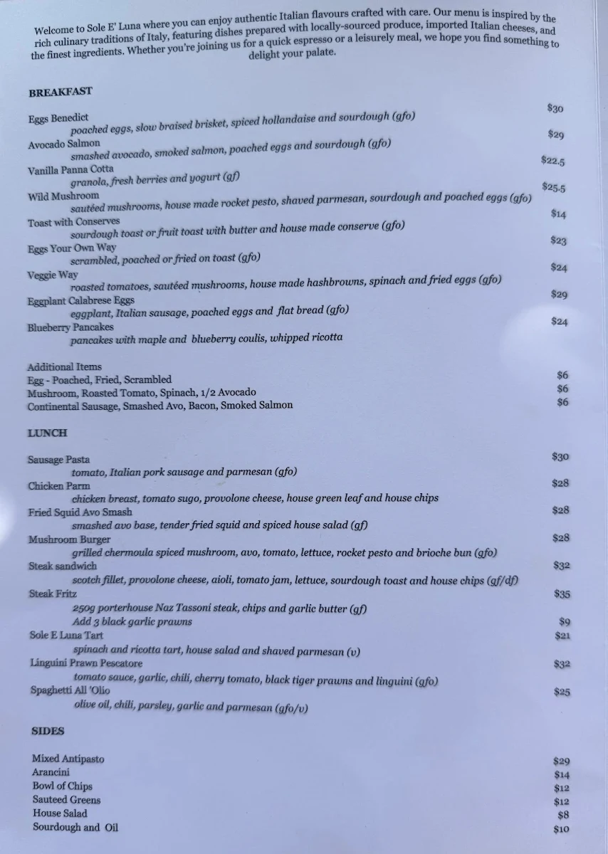 Menu, Sole E Luna Cafe & Restaurant Mildura