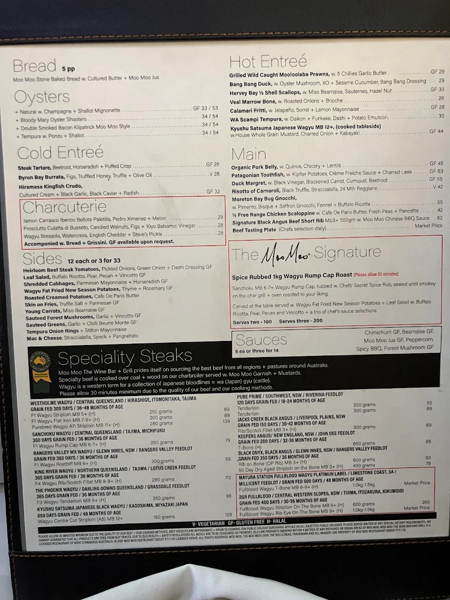 Menu, Moo Moo The Wine Bar and Grill Brisbane