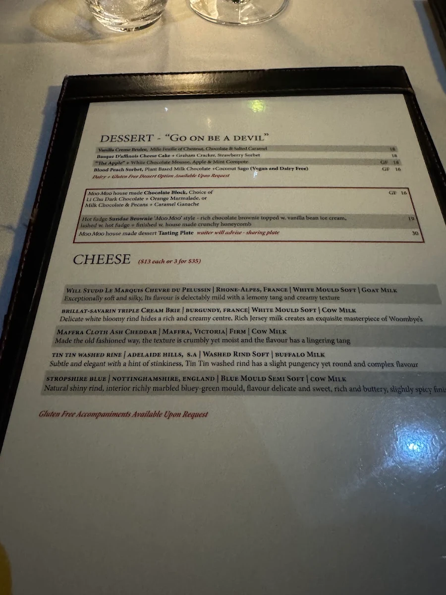 Menu, Moo Moo The Wine Bar and Grill Brisbane