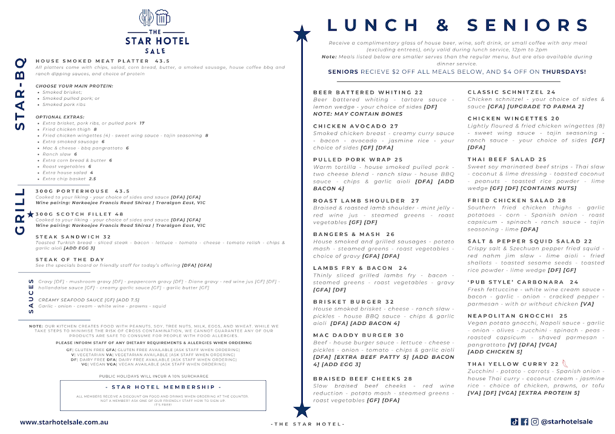 Menu, The Star Hotel Sale
