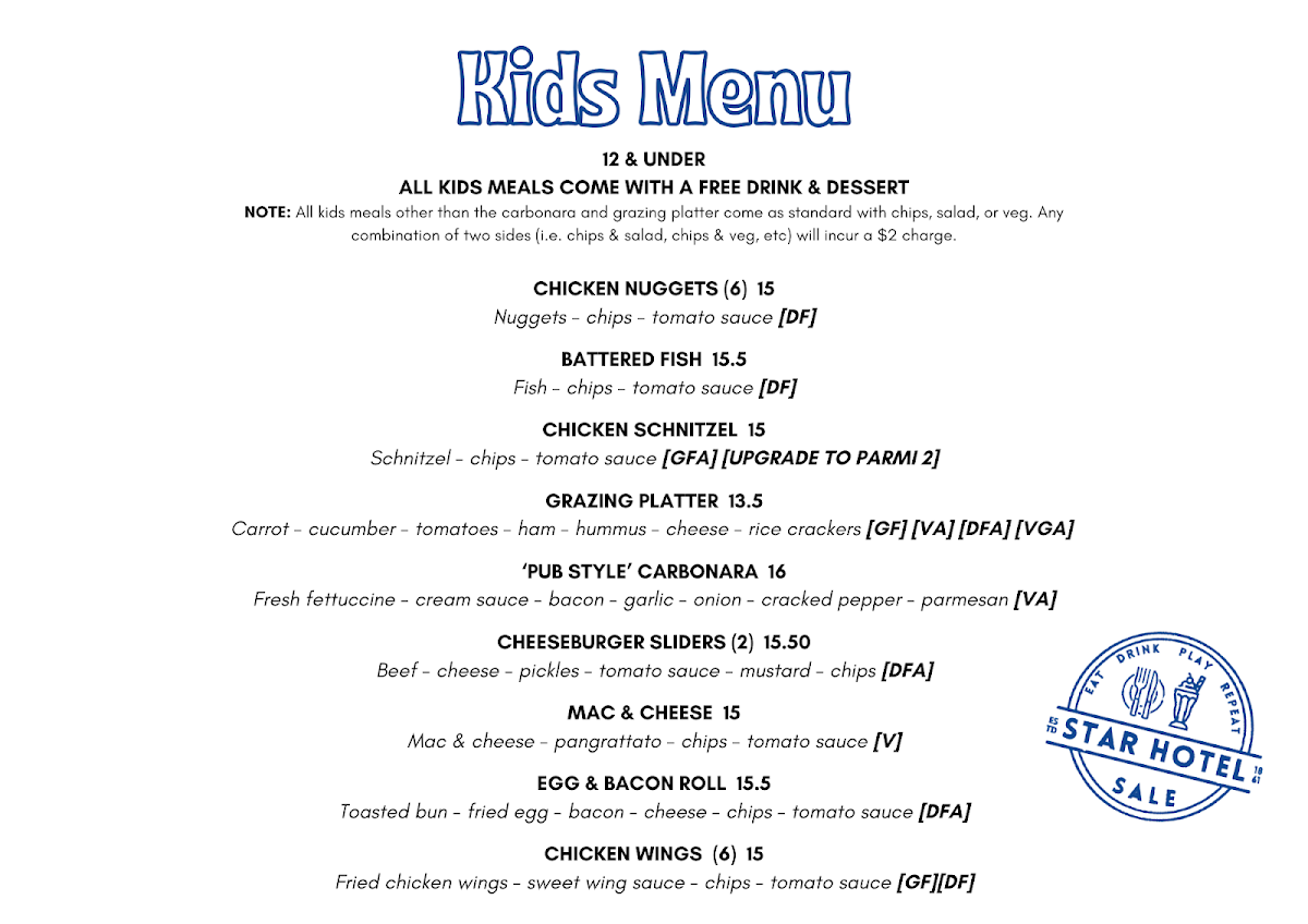 Menu, The Star Hotel Sale