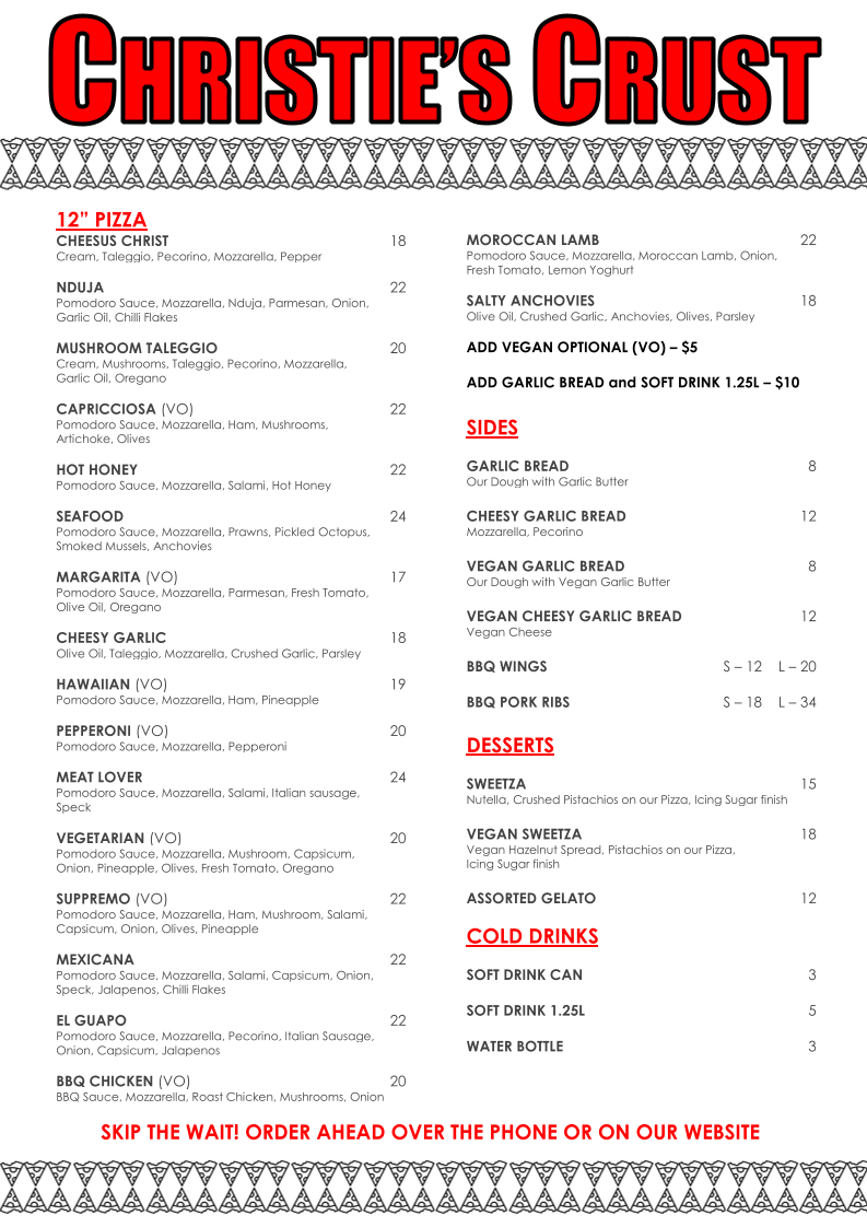 Menu, Christie’s Crust New Management