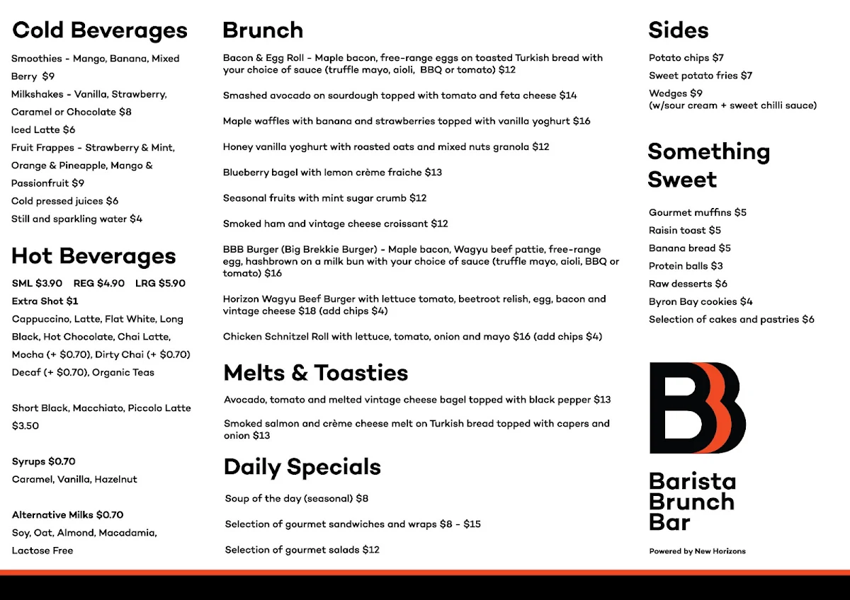 Menu, Barista Brunch Bar