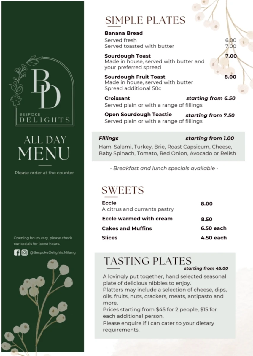 Menu, Bespoke Delights