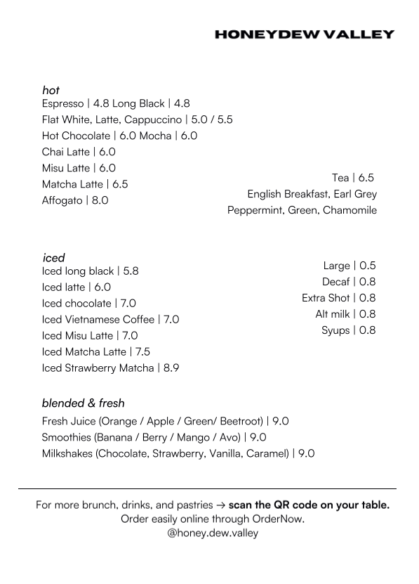 Menu, Honey Dew Valley K-food