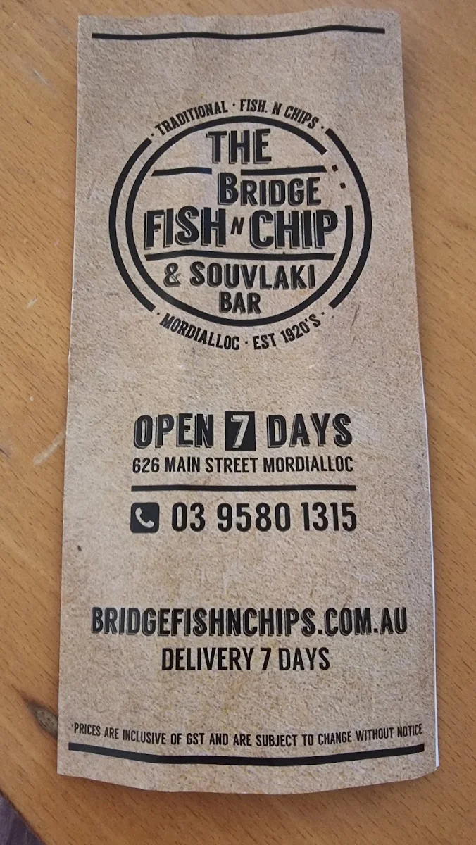 Menu, Bridge Fish & Chips