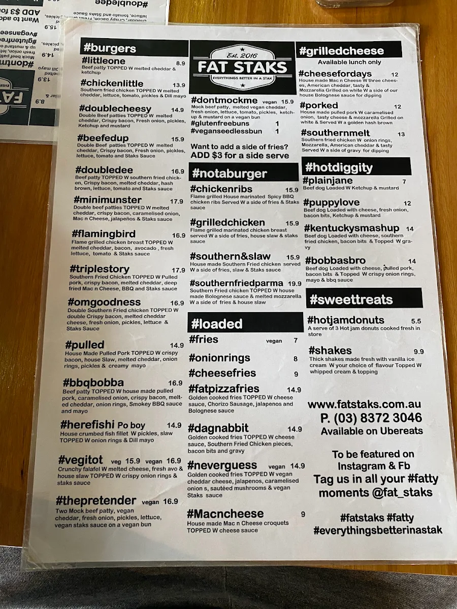 Menu, Fat Staks (Bundoora)
