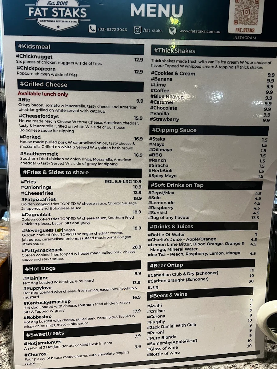 Menu, Fat Staks (Bundoora)