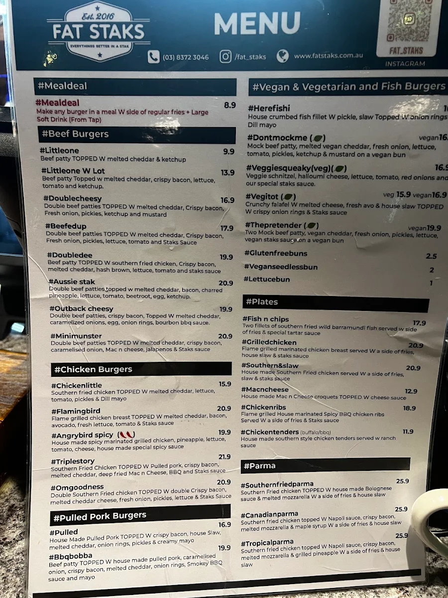 Menu, Fat Staks (Bundoora)