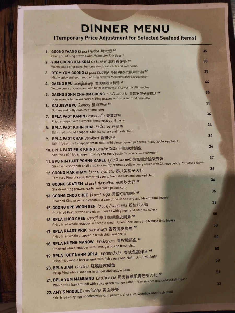 Menu, Chat Thai - Sydney