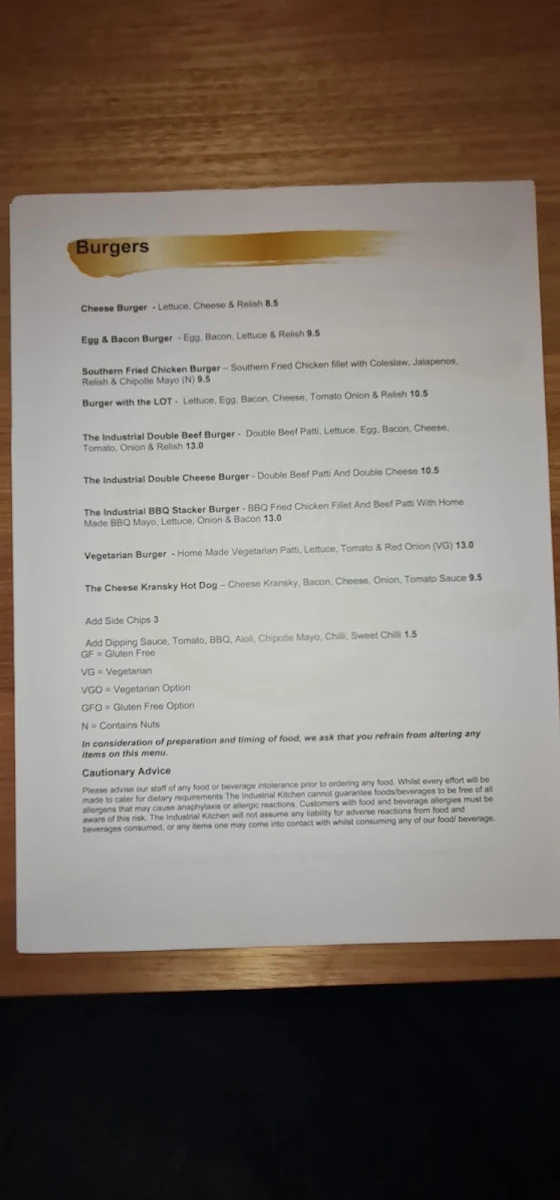 Menu, The Industrial Kitchen