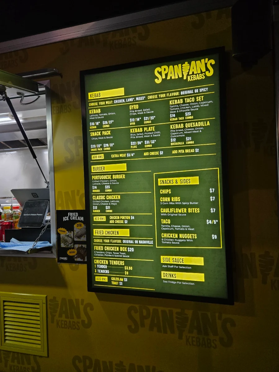 Menu, Spanian's Kebabs Preston