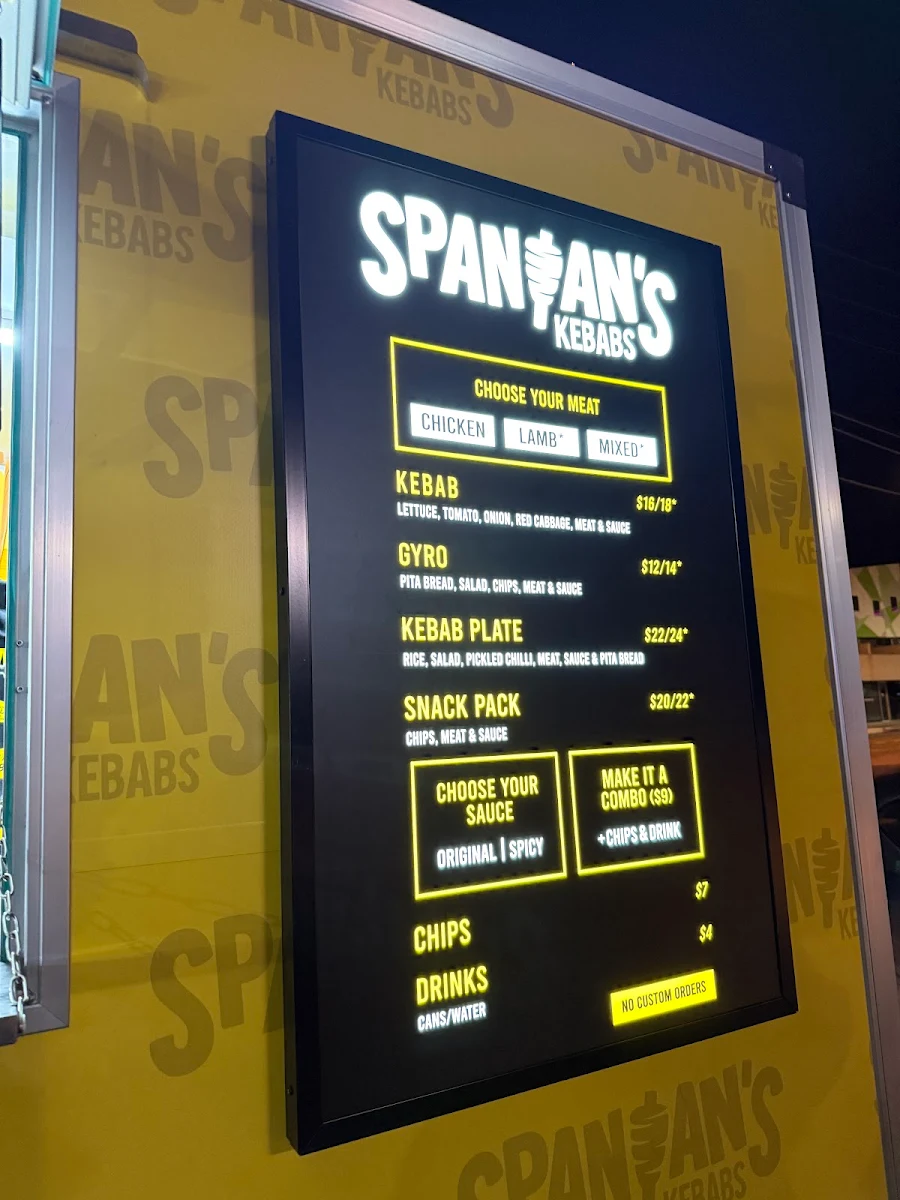 Menu, Spanian's Kebabs Preston