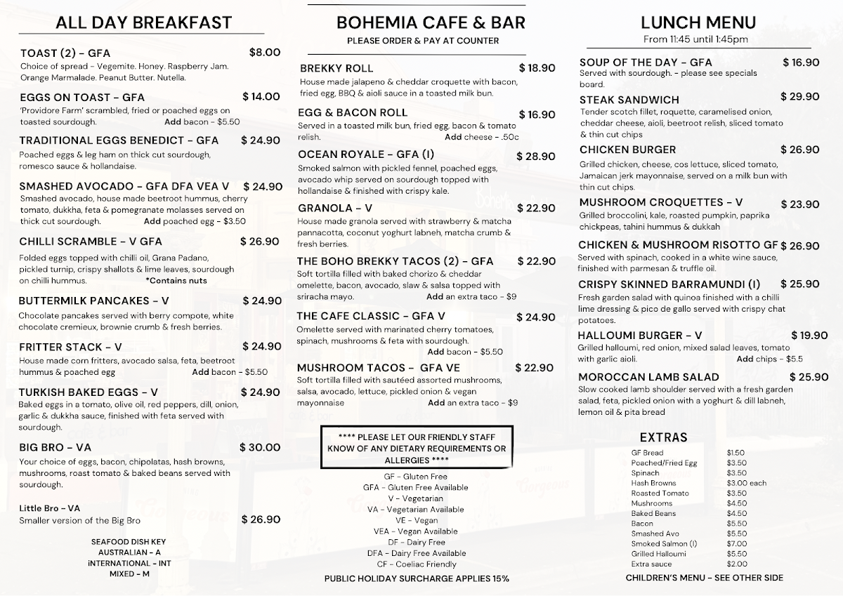Menu, Bohemia Cafe & Bar