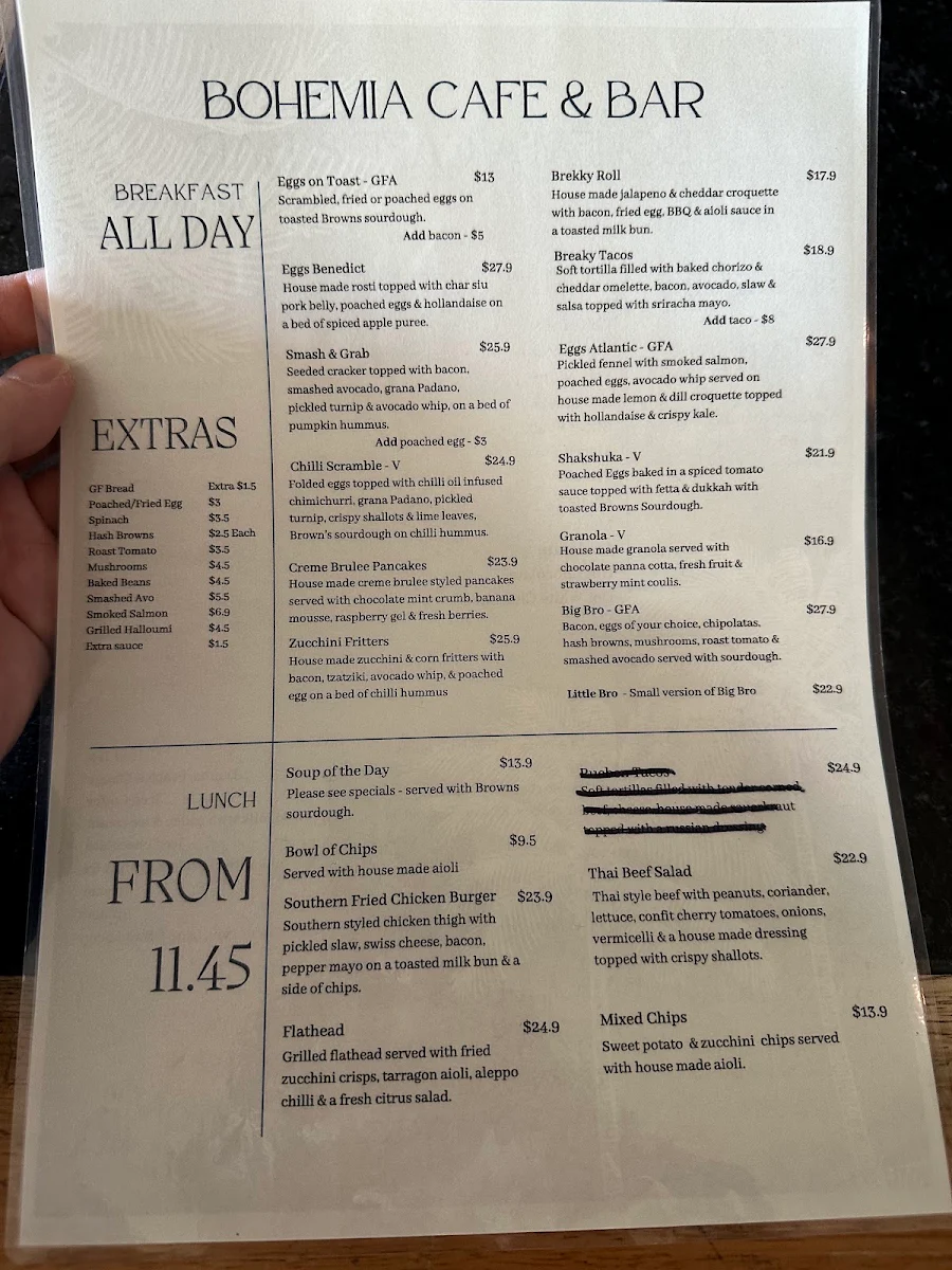 Menu, Bohemia Cafe & Bar