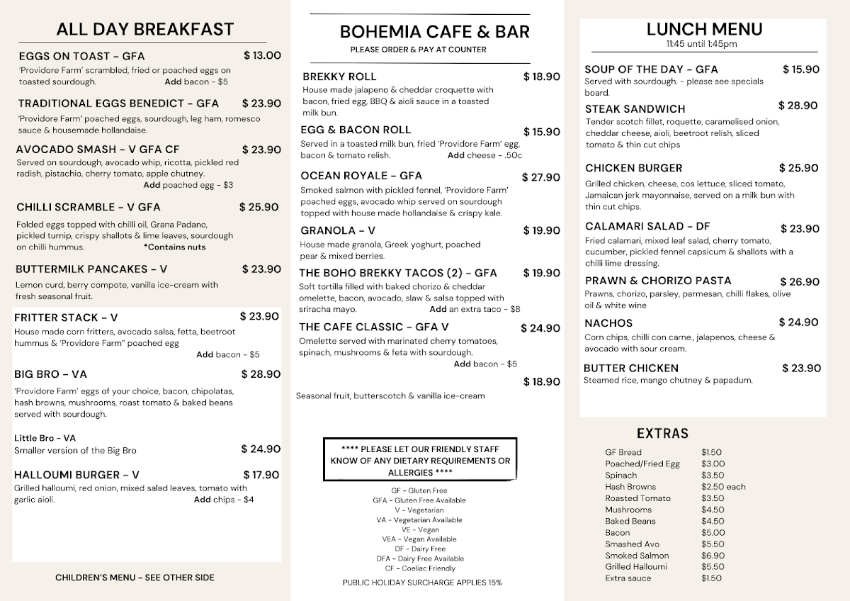 Menu, Bohemia Cafe & Bar