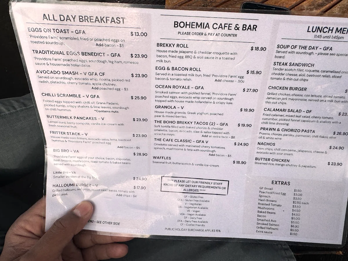 Menu, Bohemia Cafe & Bar