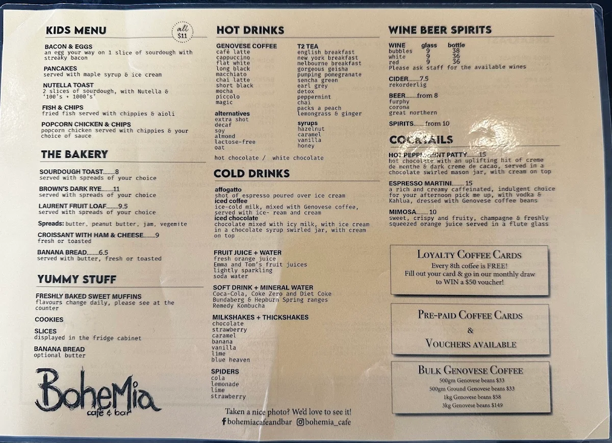 Menu, Bohemia Cafe & Bar
