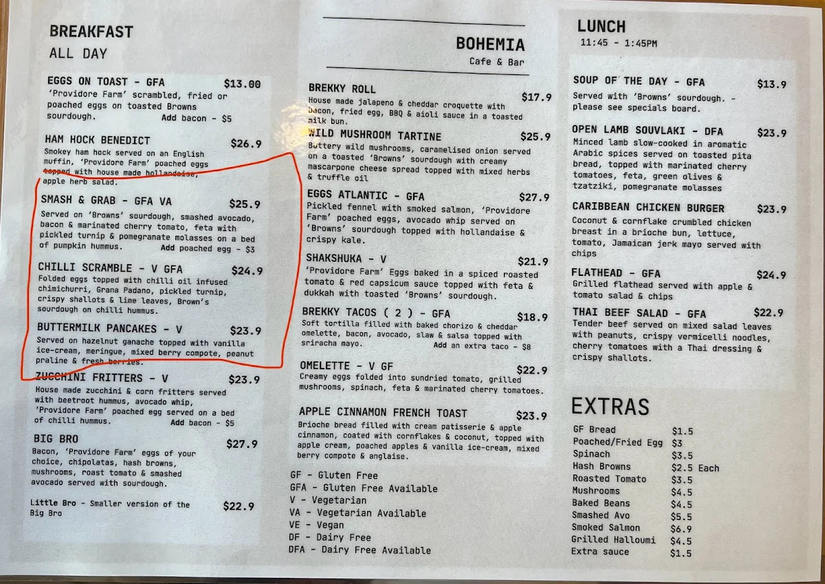 Menu, Bohemia Cafe & Bar
