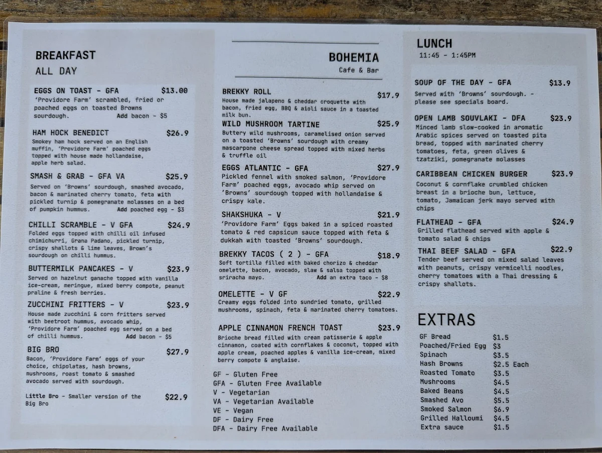 Menu, Bohemia Cafe & Bar