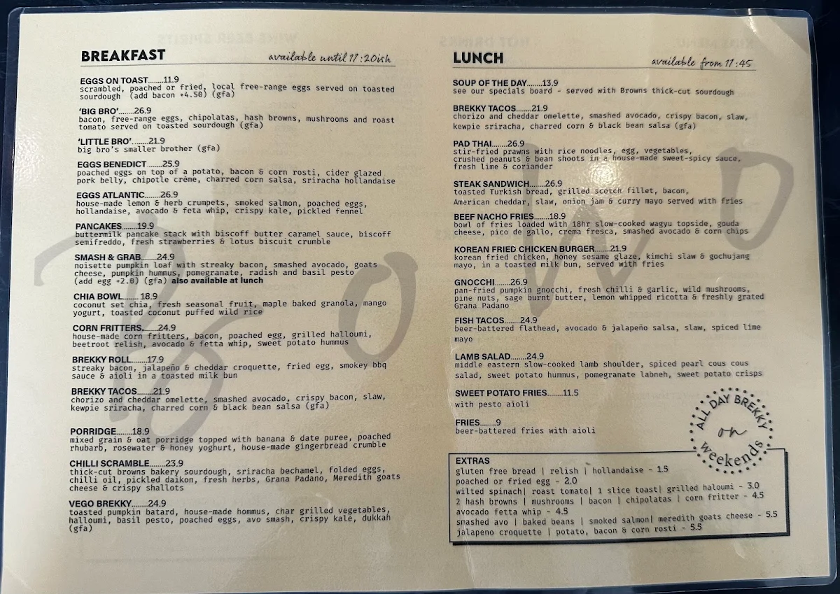 Menu, Bohemia Cafe & Bar