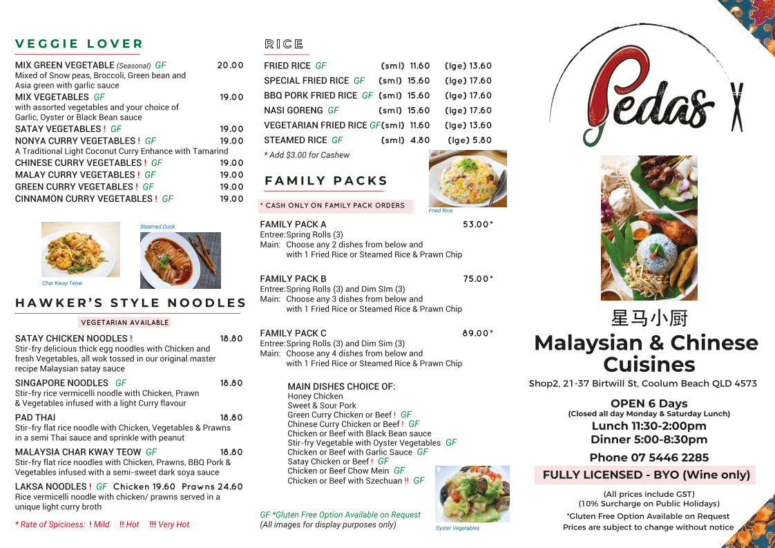 Menu, Pedas Malaysia and Chinese Restaurant