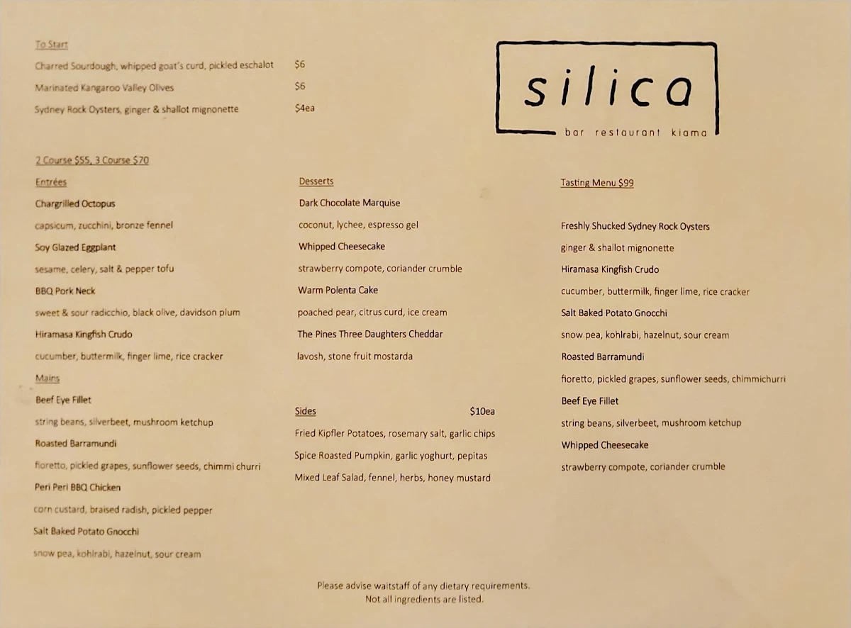 Menu, Silica Restaurant