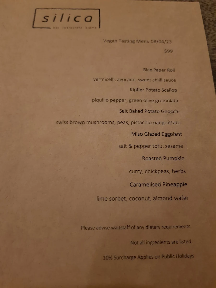 Menu, Silica Restaurant