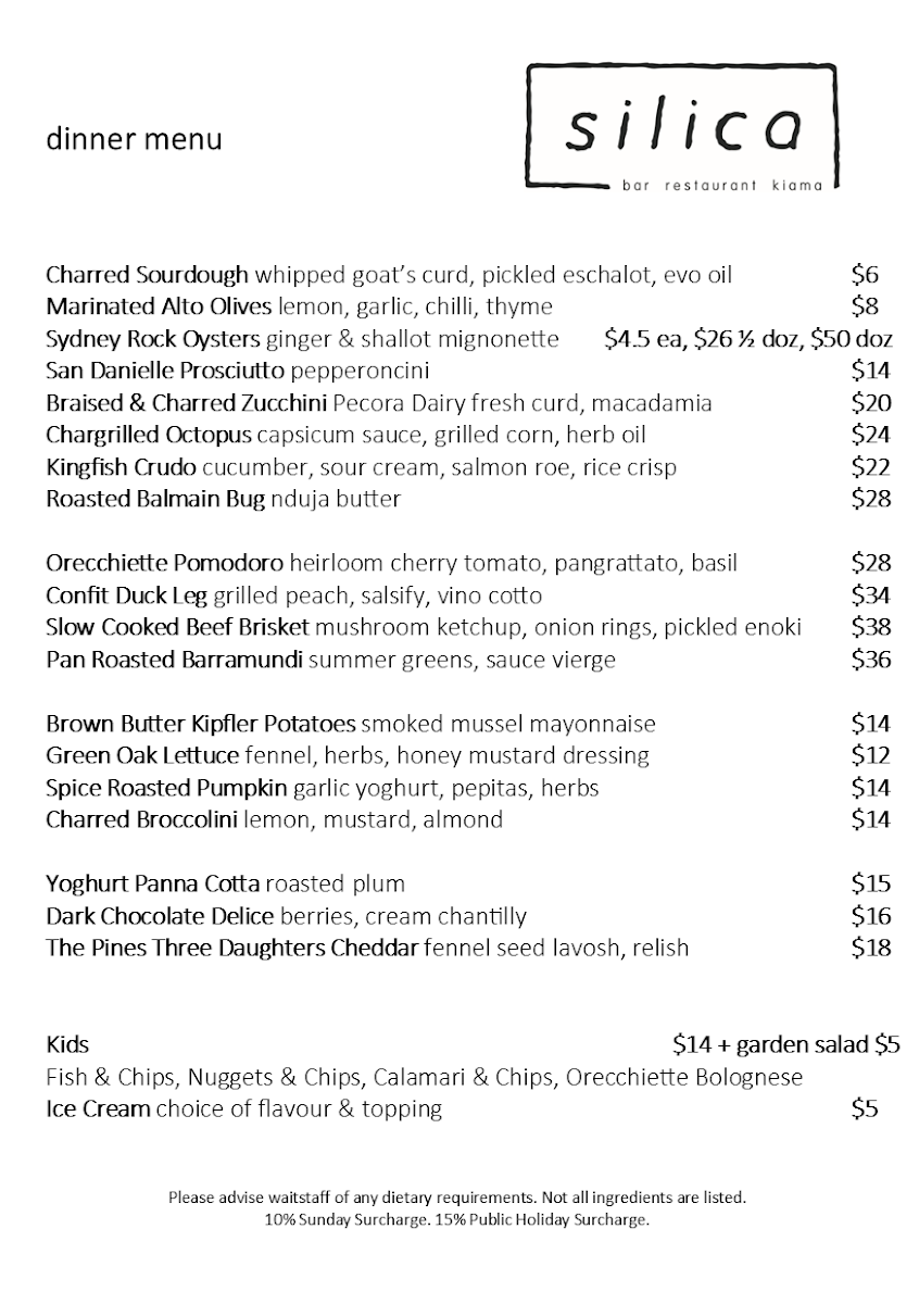 Menu, Silica Restaurant