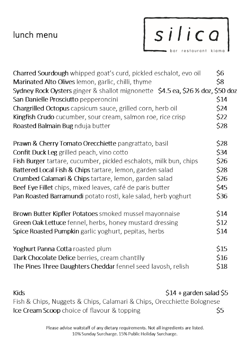 Menu, Silica Restaurant