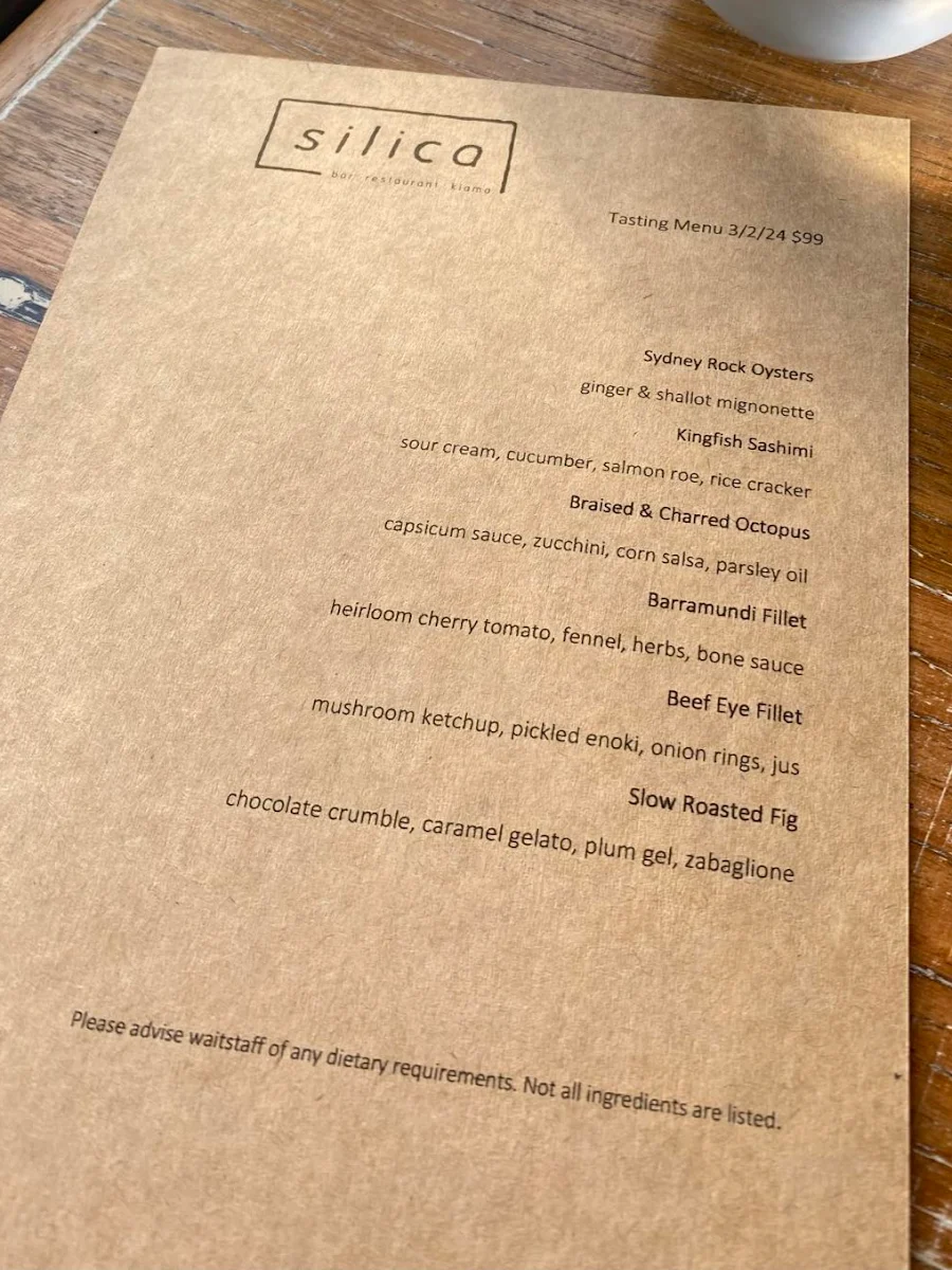 Menu, Silica Restaurant