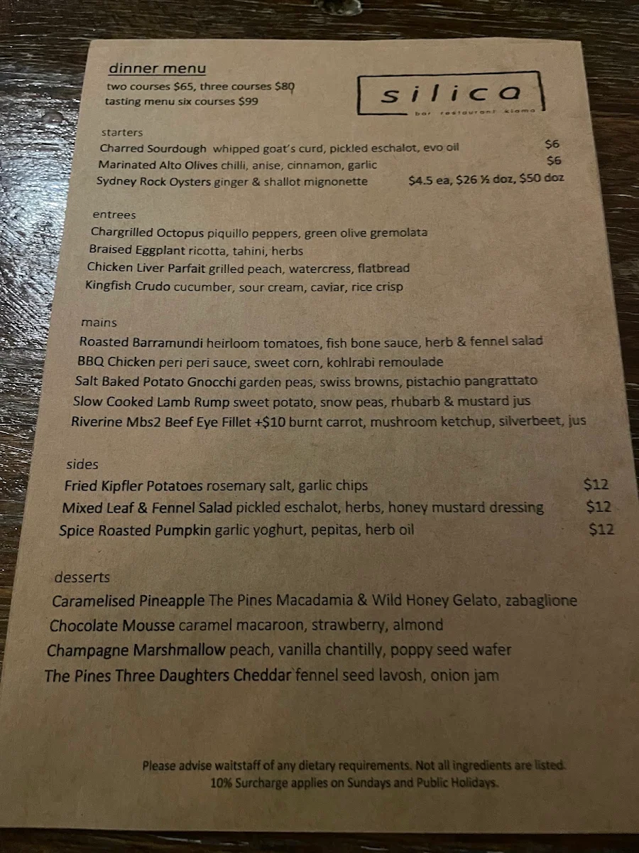 Menu, Silica Restaurant