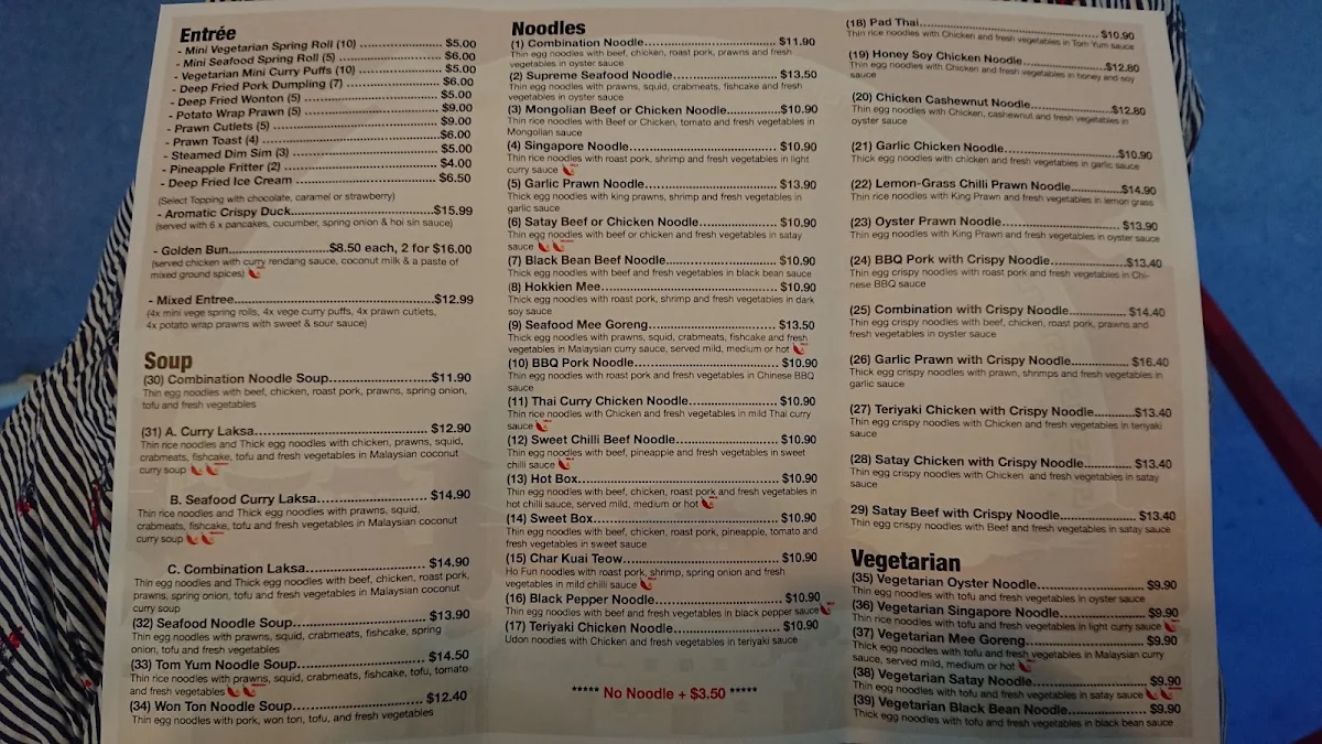 Menu, Noodle City Booval