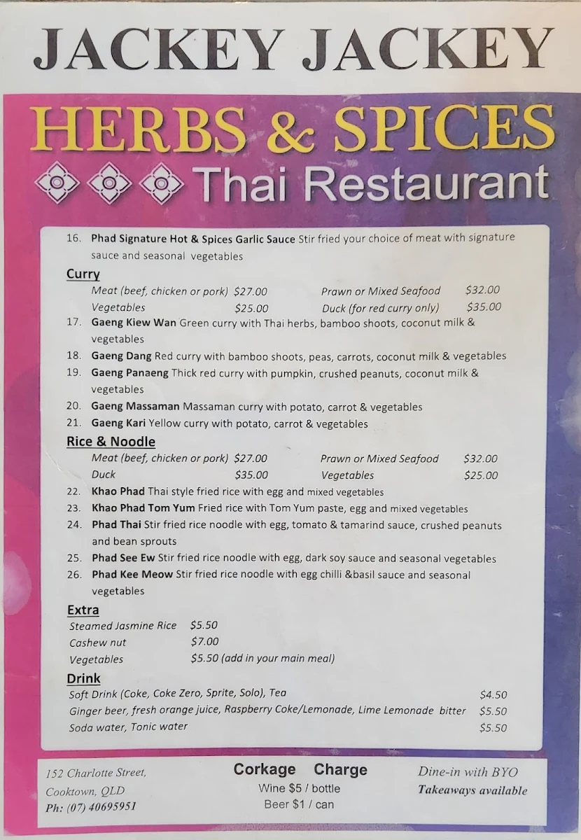 Menu, Jackey Jackey Thai