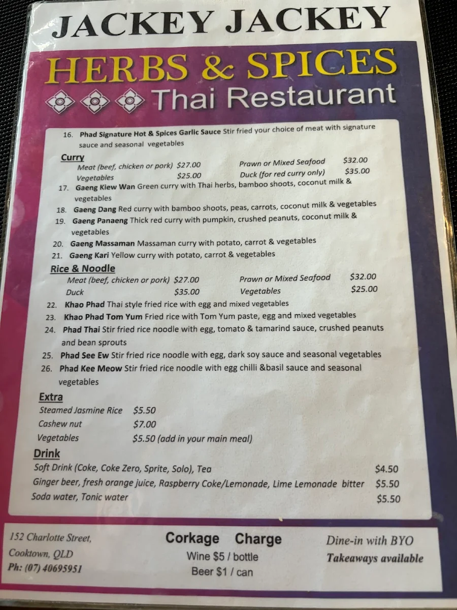 Menu, Jackey Jackey Thai