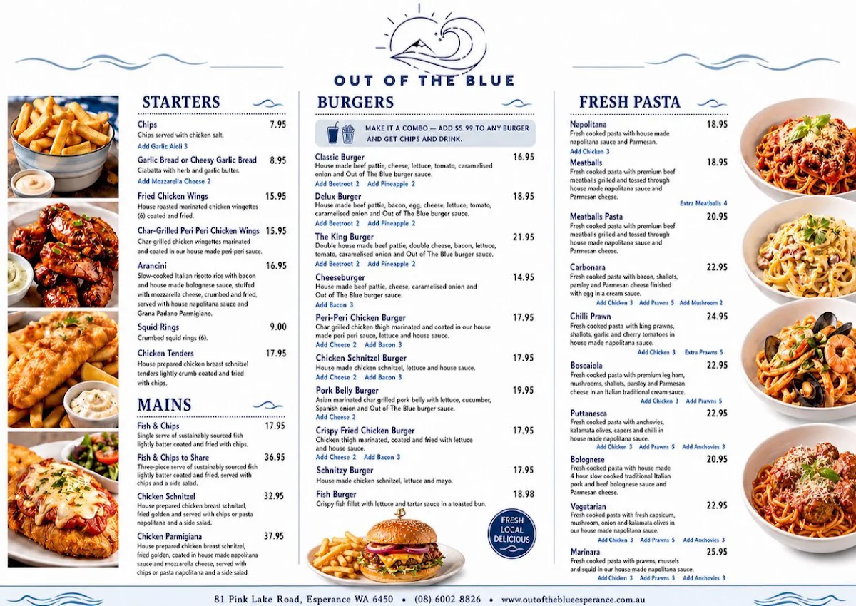 Menu, Out of the Blue Esperance