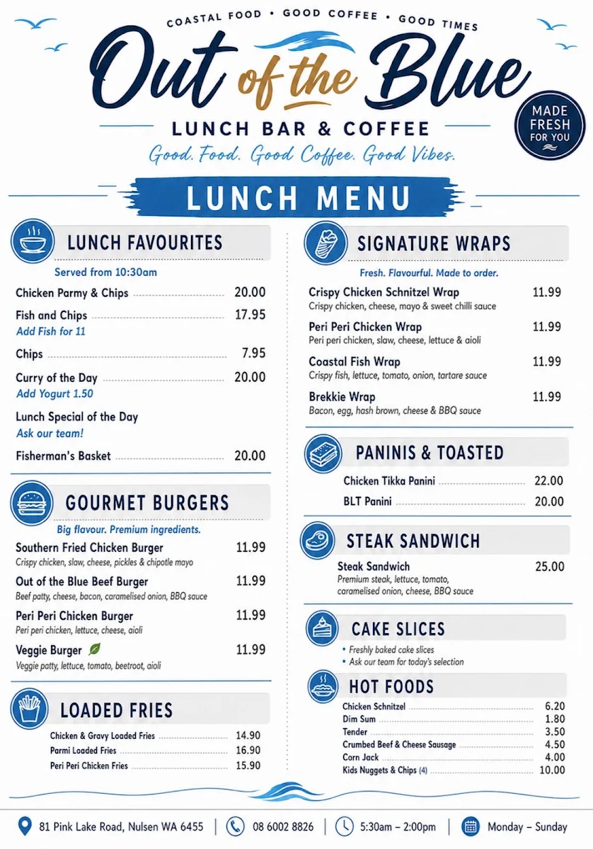 Menu, Out of the Blue Esperance