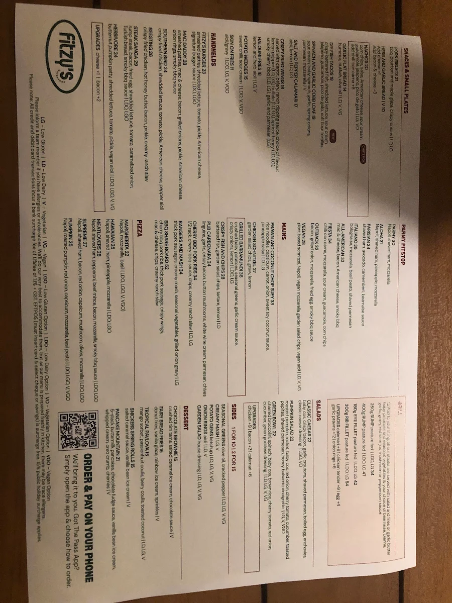 Menu, Fitzy's Waterford