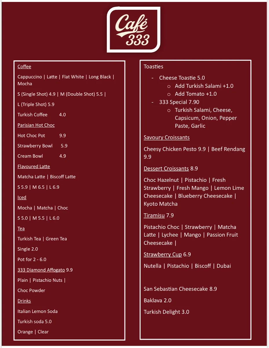 Menu, Cafe 333 Perth